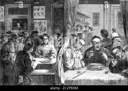 Opiumraucher in China, Illustration mit Weinlese. Journal des Voyage, Travel Journal, (1880-81). Stockfoto