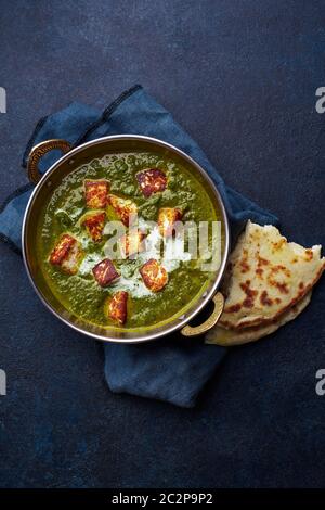 Vegetarische Vorspeise mit Palak Paneer. Indische Küche, Currygericht mit Weichkäse und Spinat auf betonem Hintergrund Stockfoto