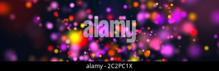 Computer erzeugt viele bunte Flecken groß und klein mit Bokeh auf schwarzem Hintergrund. 3D-Rendering im Breitbildformat Stockfoto