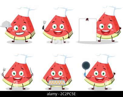 Cartoon Charakter der Schrägstrich der Wassermelone mit verschiedenen Chef Emoticons Stock Vektor