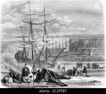Das französische Schiff der Pelican, das sich auf der Straße von Hudson auf Grazie kämpft, Vintage gravierte Illustration. Magasin Pittoresque 1844. Stockfoto