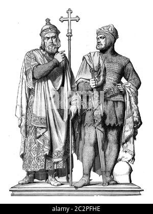 Zuerst Miecislas und Boleslaw die große Bronzegruppe von Rauch, in der Kathedrale von Poznan, einer Stadt der preußischen Staaten, Vintage-gravierte Illustration Stockfoto