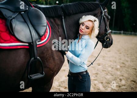 Reiterin umarmt ihr Pferd, Freundschaft, Reiten. Pferdesport, junge Frau und schöner Hengst, Nutztier Stockfoto