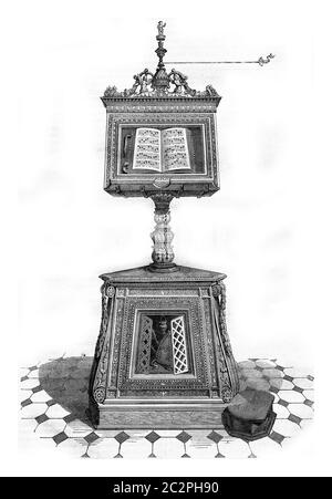 Holzpult in der Kirche Santa Maria in Organo, Verona, Vintage-Gravur. Magasin Pittoresque 1857. Stockfoto