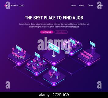 Job suchen, Einstellung Agentur isometrische Landing Page, freie Plätze im Büro. Einstellung Personalwesen, Stellenbewerber, Rekrutierung Unternehmen Online-Service, Vakanz Kandidat Lebenslauf Seite, 3d-Vektor Web-Banner Stock Vektor