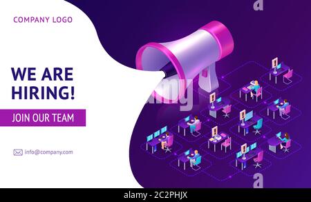 Mieten Agentur isometrische Landing Page mit riesigen Megaphon und Menschen arbeiten im Büro mit vakanten Platz. Lautsprecher, Personaleinstellung, Rekrutierung Unternehmen Online-Service, 3d-Vektor-Web-Banner Stock Vektor