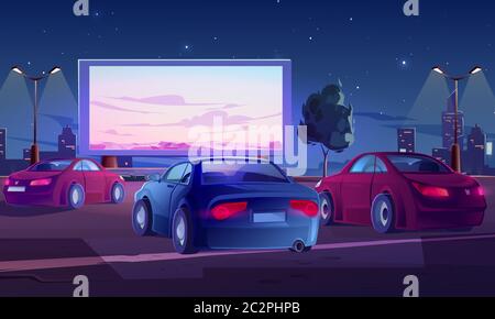 Auto Street Cinema. Drive-in-Theater mit Autos stehen in Open-Air-Parkplatz in der Nacht. Großer Outdoor-Bildschirm mit Naturszene glühen in der Dunkelheit auf Sternenhimmel Hintergrund Cartoon Vektor Illustration Stock Vektor