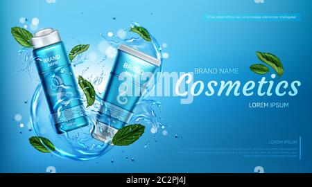 Kosmetische Produkte in Wasser spritzen mit Minzblättern. Vektor realistische Marke Poster mit Shampoo und Conditioner in blauem Rohr für die Haarpflege. Promo-Banner, Werbungshintergrund Stock Vektor