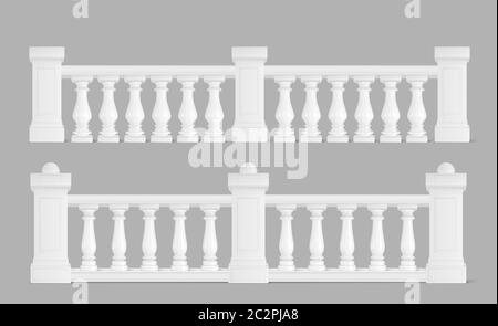 Marmorgeländer, weiße Balkongeländer oder Handläufe. Geländer oder Zaunabschnitte mit dekorativen Säulen. Platten Baluster für Architektur Design isolierte Elemente realistische 3d-Vektor-Illustration Stock Vektor