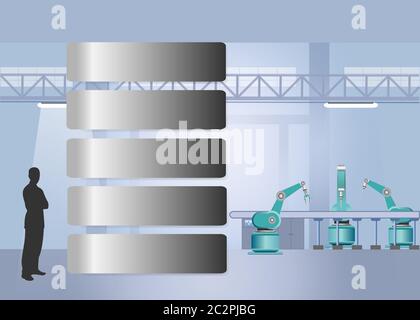 Industrielle Vorlage Infografiken bereit für Ihre Präsentation. Roboter sind Arbeiten am Fließband im Werk. Silhouette der Mann steht n Stockfoto