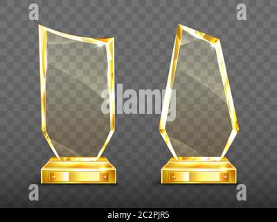 Golden Award Glas Trophäe mit funkelnden Kanten isoliert auf transparentem Hintergrund. Acryl Plexiglas glänzend Preis für den Sieg in der Wirtschaft, Sport Wettbewerb Design Element realistische 3d Vektor Clip Art Stock Vektor