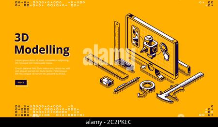 Banner für 3D-Modellierung. Software für digitales Renderobjekt, Entwicklungsdesign für Druck. Vektor Landing Page mit isometrischem Modell auf dem Computerbildschirm und Messwerkzeugen auf gelbem Hintergrund Stock Vektor