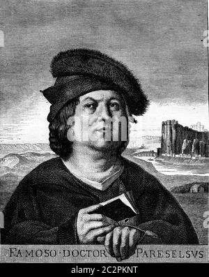 Paracelsus, Zeichnung Bocourt, nach einem Gemälde des Naney Museum, Vintage gravierte Illustration. Magasin Pittoresque 1877. Stockfoto