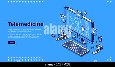 Isometrische Landing Page für Telemedizin. Entfernung Online-Medizin-Service, Computer-Anwendung, pc-Desktop-Bildschirm mit Arzt Nachrichten Chat und Tabletten auf blauem Hintergrund, 3d-Vektor-Linie Kunst Web-Banner Stock Vektor