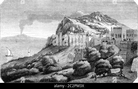 Blick auf die Insel Capri, die Partitur sieht aus Naple, Vintage graviert Illustration. Magasin Pittoresque 1845. Stockfoto