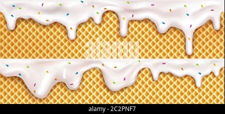 Realistische Tropfen Eis geschmolzen Tropfen mit Streuseln auf Waffel-Membran Hintergrund. Geschmolzenes weißes süßes flüssiges Spritzer, glänzende cremefarbene Kante mit tropfenden Tröpfchen, geschmolzene Textur 3d Vektorgrafik Stock Vektor