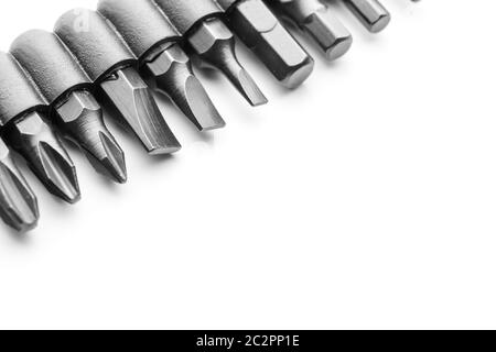 Makroaufnahme einer Schrauberbits auf weiß Stockfoto