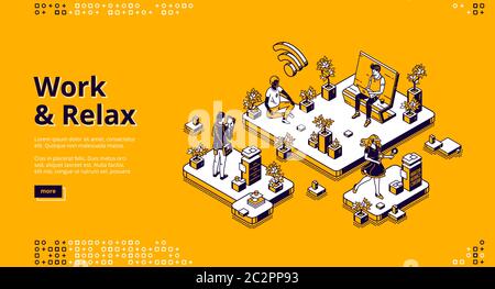 Banner „Arbeit und Entspannung“. Konzept der Arbeitsorganisation und gesunde Routine ohne Stress. Vektor Landing Page mit isometrischem Büro mit ruhenden Menschen in Meditation und virtuelles Spiel Stock Vektor
