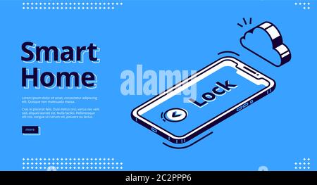 Smart Home-Banner. Technologiekonzept Internet der Dinge. Vektor Landing Page des Hauses Steuerungssystem mit isometrischem Symbol des Mobiltelefons mit Sicherheitsüberwachung, Bildschirm mit Lock-Schriftzug, Wolke Stock Vektor