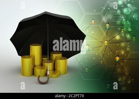 Gold-Münzen unter einem schwarzen Regenschirm Stockfoto