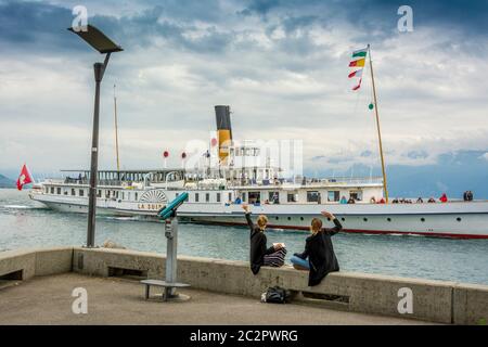 Raddampfer Helvetie. Ouchy Harbour. Lausanne. Genfersee. Schweiz Stockfoto