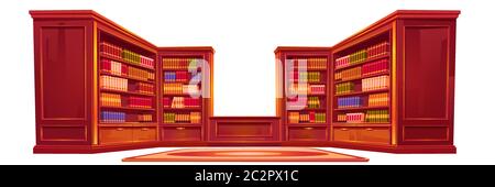 Luxuriöse alte Bibliothek, Platz zum Lesen mit Büchern in den Regalen und Bibliothekstisch. Athenaeum Innenausstattung, Zimmer mit Holzregalen und Teppich auf dem Boden, Literaturaufbewahrung. Cartoon Vektorgrafik Stock Vektor