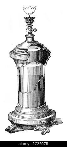 Acetylenlampe, Illustration mit Weinlese-Gravur. Industrielle Enzyklopädie E.-O. Lami - 1875. Stockfoto