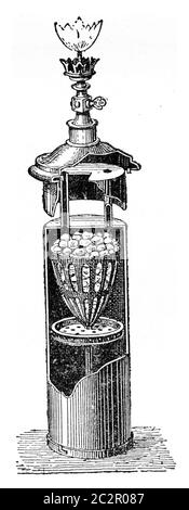 Acetylenlampe, Illustration mit Weinlese-Gravur. Industrielle Enzyklopädie E.-O. Lami - 1875. Stockfoto