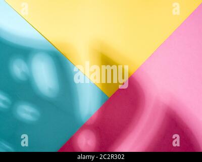 Monstera blatt Schatten auf bunten blau pink gelb hinterlegt. Tropische Pflanze monstera Schatten. Kreatives Layout für Design, Tapeten. Kopieren Sie Raum für Te Stockfoto
