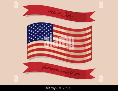 Illustration im Vintage-Stil U.S. Independence Day. Amerikanische Flagge und rote Bänder auf hellem Hintergrund Stockfoto