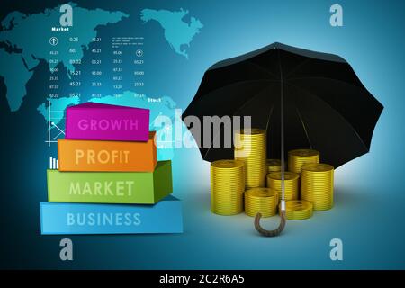 Gold-Münzen unter einem schwarzen Regenschirm Stockfoto