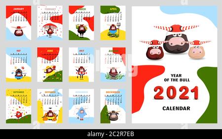 Bull, weißer Stierkalender oder A4 Planer für 2021 mit Cartoon kawaii, Stier oder Kuh, Neujahr Symbol, niedliche Hieroglyphen - Cover und 12 Monatsseiten Stock Vektor