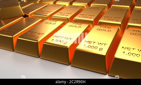 Gestapelte Gold Bars auf einem hellen Hintergrund, 3D-Rendering, Finanzkonzept Stockfoto