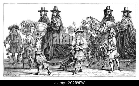 Museum Dresden. - Spaziergang Magistrate in Paris, im siebzehnten Jahrhundert Zeichnung von Francois Chauveau. - Zeichnung Bocourt, Vintage graviert illustrat Stockfoto