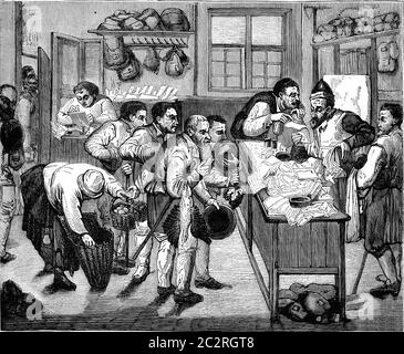 Die Beratung, Tabelle des Beginns des siebzehnten Jahrhunderts, Vintage gravierte Illustration. Magasin Pittoresque (1882). Stockfoto