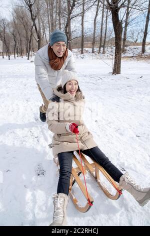 Das junge Paar Rodeln im Schnee Stockfoto