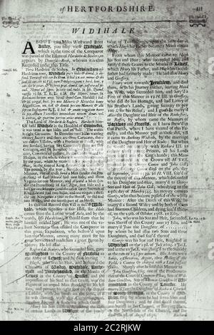 Seiten aus dem Buch über Hertfordshire 1700 Stockfoto