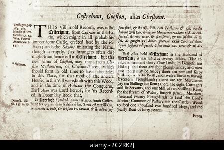 Seiten aus dem Buch über Hertfordshire 1700 Stockfoto