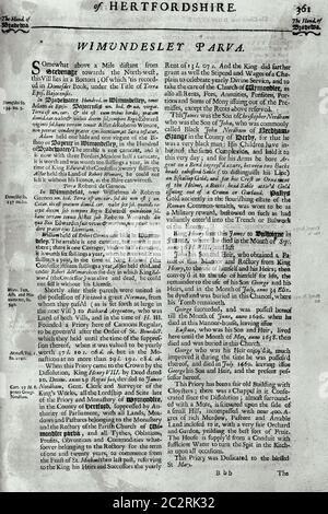 Seiten aus dem Buch über Hertfordshire 1700 Stockfoto