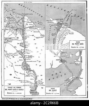 Karte von Suez Canal, Vintage-Grafik. Wörterbuch der Worte und Dinge - Larive und Fleury - 1895. Stockfoto