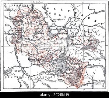 Topographische Karte von Lothringen, Frankreich, Illustration mit Weinlese. Wörterbuch der Worte und Dinge - Larive und Fleury - 1895 Stockfoto