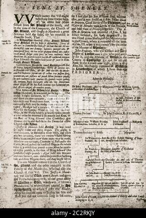 Seiten aus dem Buch über Hertfordshire 1700 Stockfoto