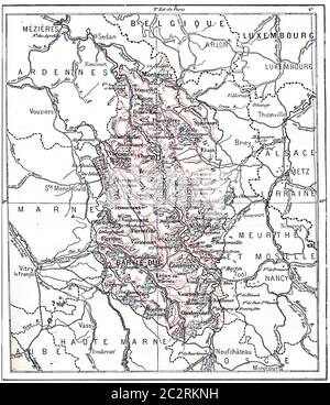 Topographische Karte von Maas in Lothringen, Frankreich, Illustration mit Weinlese. Wörterbuch der Worte und Dinge - Larive und Fleury - 1895 Stockfoto