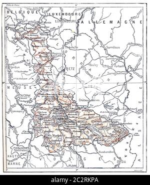 Topographische Karte von Meurthe-et-Moselle in Lothringen, Frankreich, Vintage-Gravur. Wörterbuch der Worte und Dinge - Larive und Fleury - 1895 Stockfoto