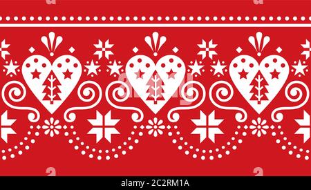 Skandinavische Weihnachten niedlich Folk nahtlose Vektor-Muster - lange, horizontal repetitive Design mit Weihnachtsbäumen, Schneeflocken in weiß auf rotem Backgro Stock Vektor