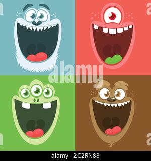 Cartoon Monster Gesichter gesetzt. Vektor-Set von vier Halloween Monster Gesichter mit verschiedenen Ausdrücken Stock Vektor
