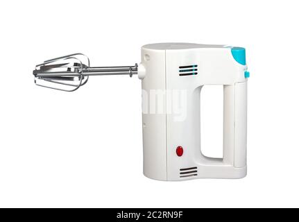 Elektrische Handmixer ist ein Küchengerät zum Mischen auf weißem Hintergrund bestimmt Stockfoto