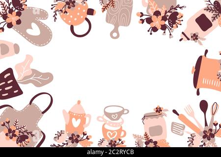 Vintage-Lebensmittel und Kochen Hintergrund mit Küchengeräten, Zutaten und Wörter in einem quadratischen Rahmen mit Platz für Ihren Text Stock Vektor