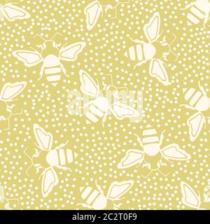 Honey Biene Vektor nahtlose Muster Hintergrund. Vintage monochromes, handgezeichnetes fliegendes Insekt auf dichtem gepunktetem gelben Hintergrund. Gartenwanzen wiederholen. Überall Stock Vektor
