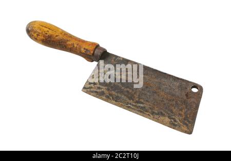 Altes rostiges Häckselmesser mit Holzgriff isoliert auf Weiß Stockfoto